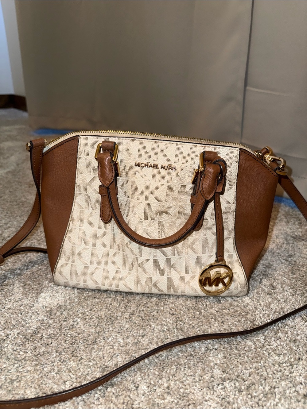 Michael Kors Cream Signature Satchel with Brown Trim